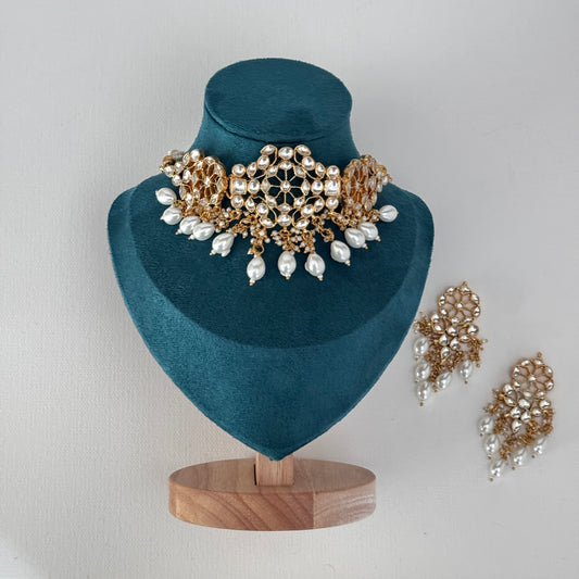 The Aaravi Gold Bloom Choker Set - full necklace and earring set
