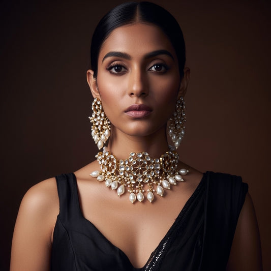 The Aaravi Gold Bloom Choker Set - floral-inspired gold choker
