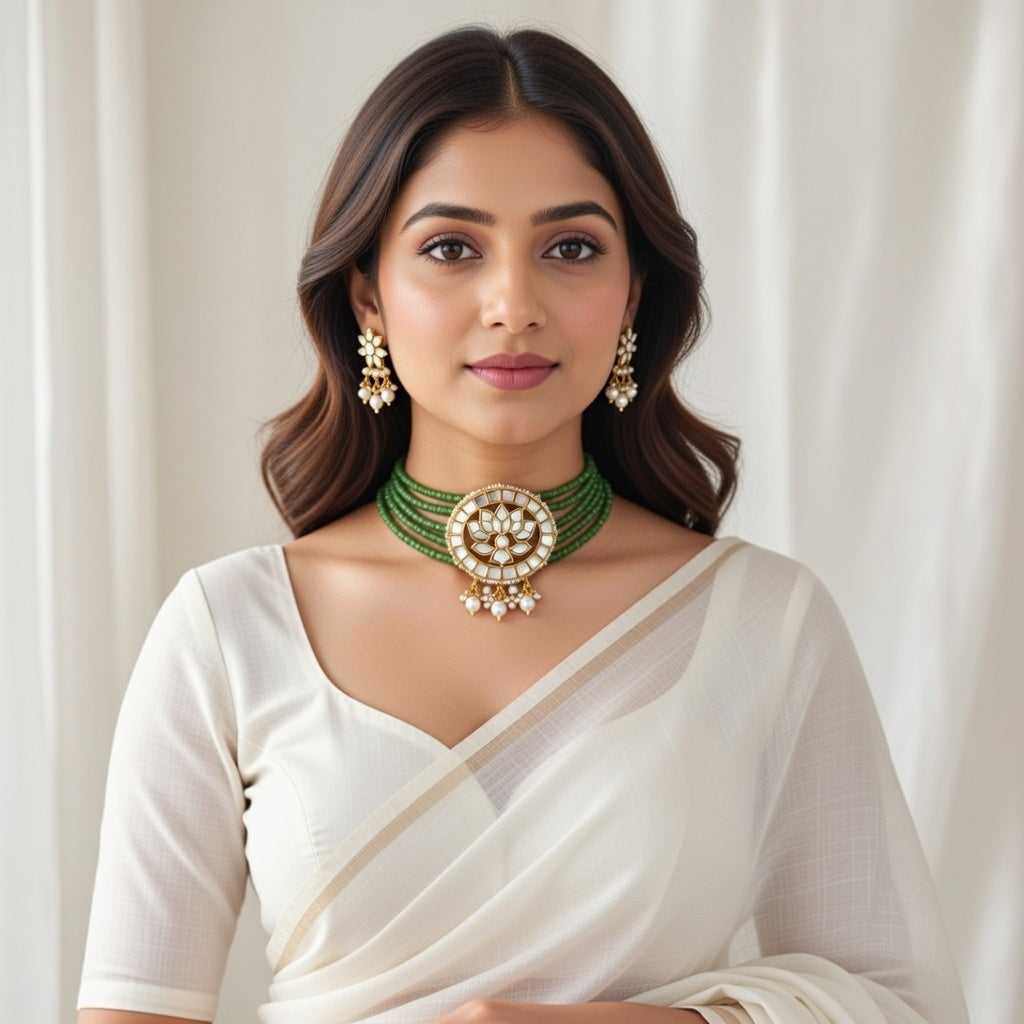 The Aarya Emerald Choker Set - green gemstone choker necklace